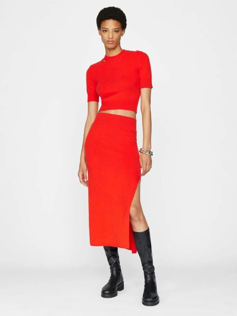 NWT HOUSE OF HARLOW 1960 Red 100% Cashmere Knit Crop Top Midi Skirt Set, Size M
